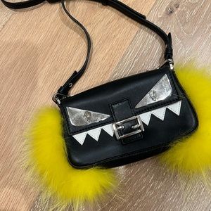 FENDI Nappa Fox Fur Monster Micro Baguette Black